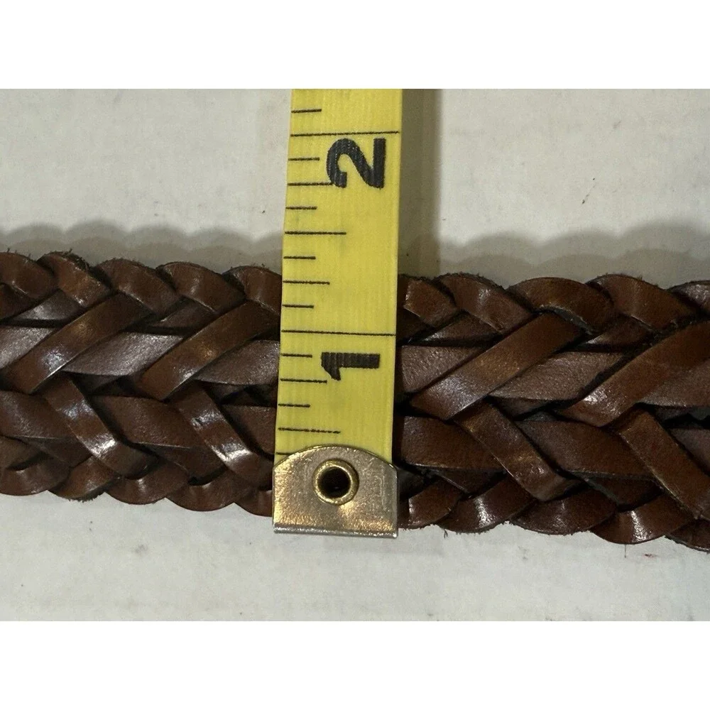 Braided Woven Leather Belt Nickel Tone‎ Brown Buckle Size L